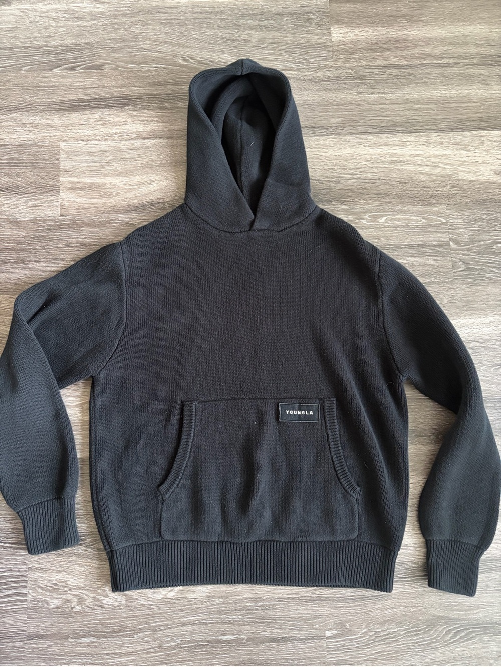 YoungLA Black Knit Hooded Pullover with Kangaroo Pocket